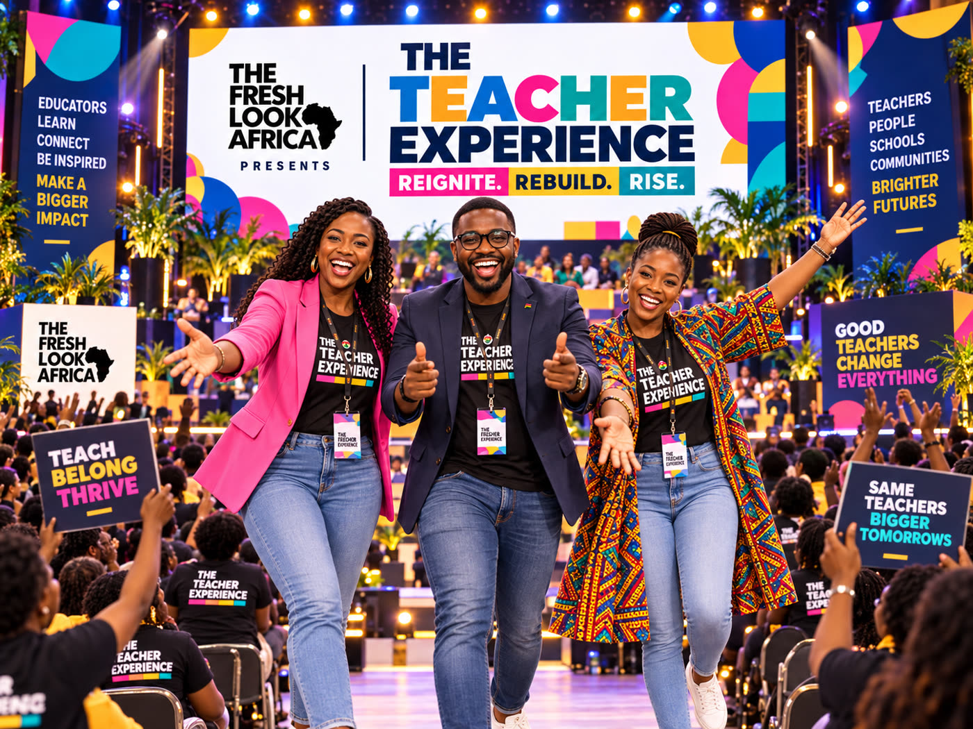 Three TFLA team members celebrating on stage, arms out, smiling at the packed audience.