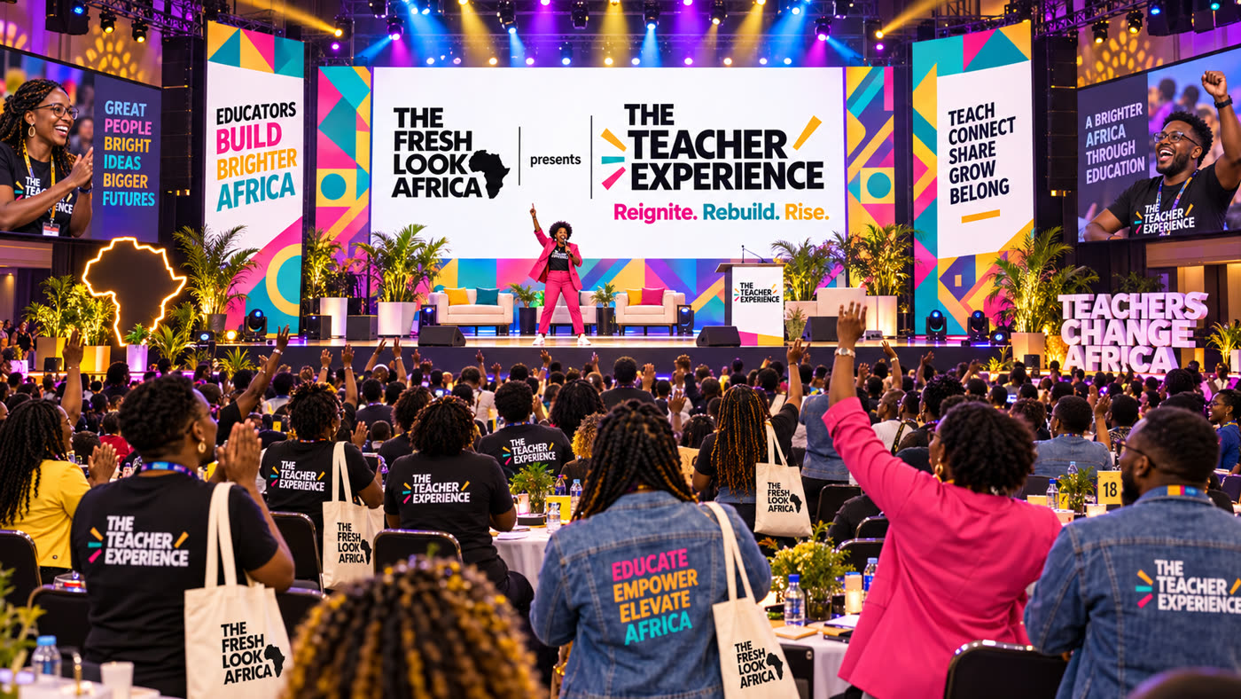 Hundreds of teachers filling a conference hall, hands raised, as a speaker on stage leads the room under 'The Teacher Experience — Reignite. Rebuild. Rise.' banner.